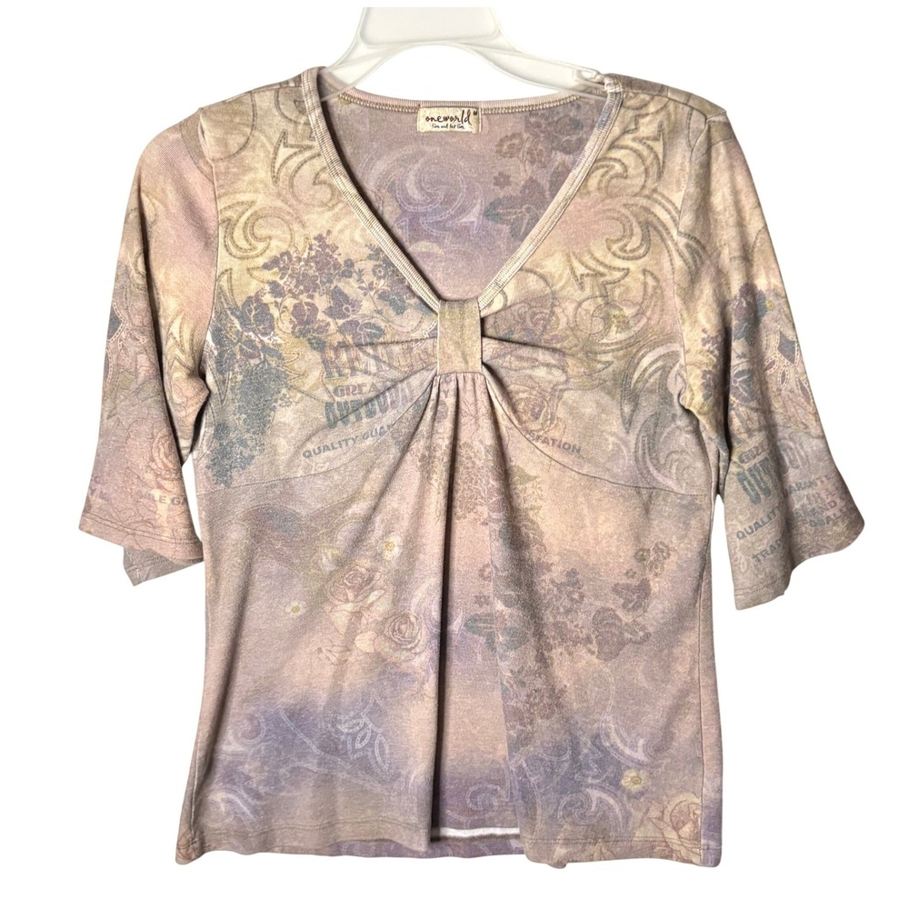 VTG One World Y2K Whimsigoth Peasant Top Womens M Purple Floral Fairycore Boho
